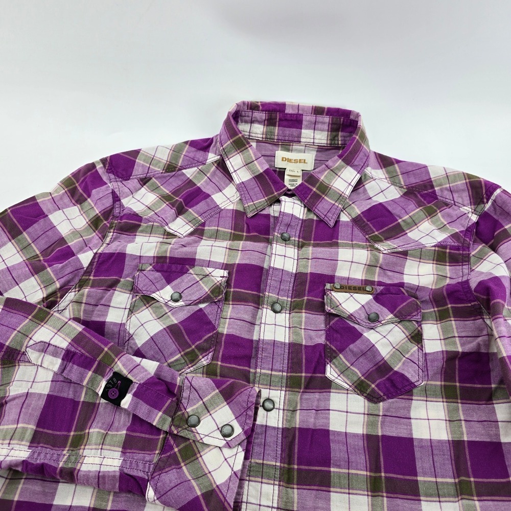 Diesel Plaid Western Shirt Mens Pearl Snap Front Long Sleeve Purple White Large